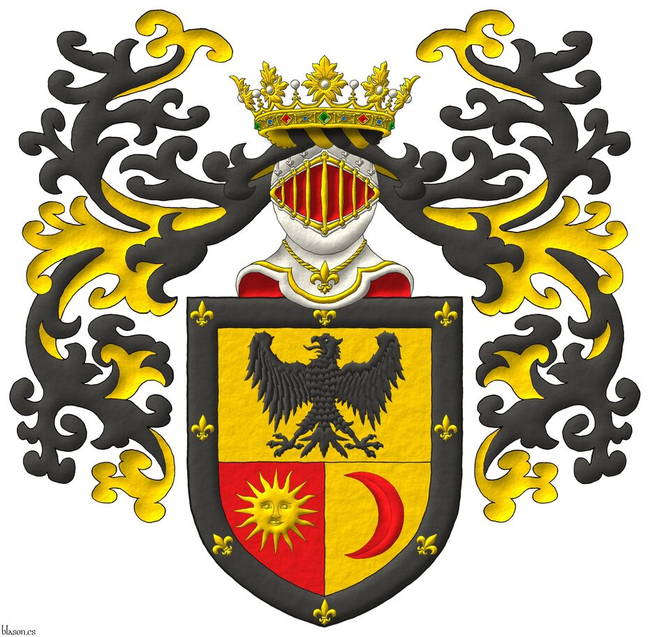 Cortado y medio partido: 1o de oro, un guila de sable; 2o de gules, un sol de oro; 3o de oro, un creciente tornado de gules; una filiera de sable, cargada de ocho flores de lis de oro. Timbrado de un yelmo de frente de plata, perfilado y grilletado de oro, forrado de gules, adornado de dos lambrequines de sable doblados de oro, un burelete de oro y sable, y cimado de una corona de duque.