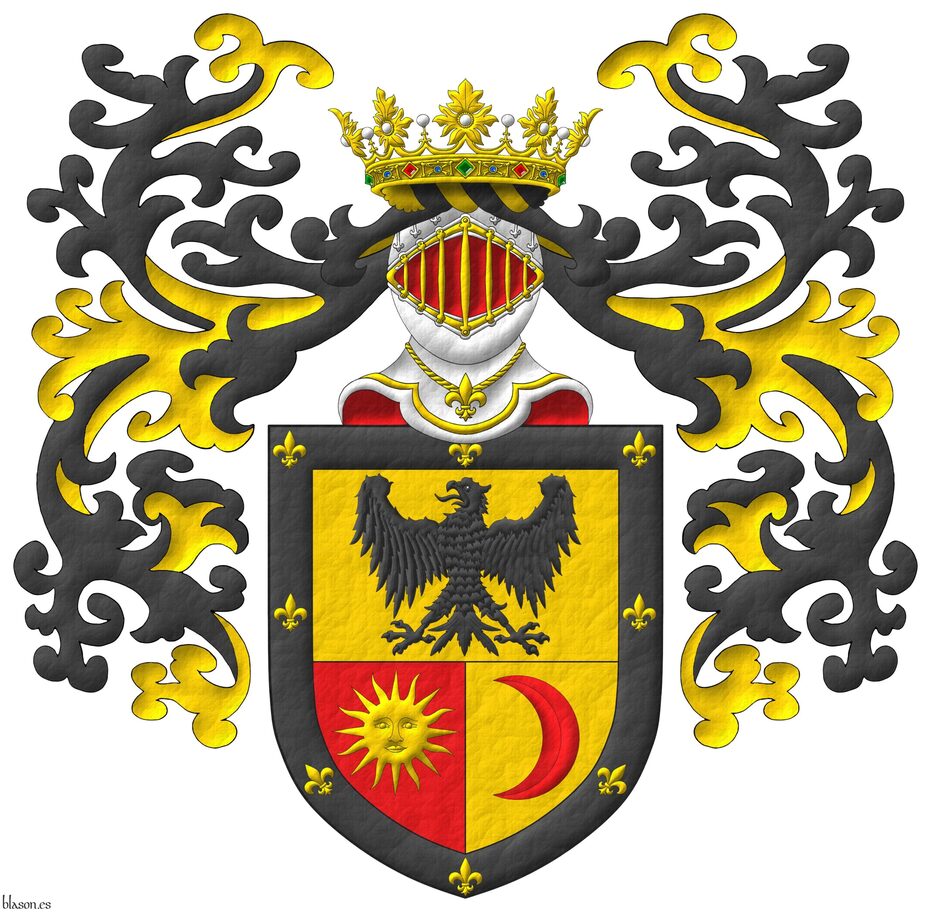Per fess, the base per pale: 1 Or, an eagle displayed Sable; 2 Gules, a sun in splendour Or; 3 Or, an increscent Gules; all within a bordure Sable, charged with eight fleurs de lis Or. Crest: Upon helm affronty Argent, barred Or, lined Gules, with a wreath Or and Sable, a crown of Duke. Mantling: Sable doubled Or.