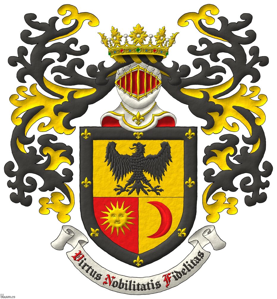 Cortado y medio partido: 1o de oro, un guila de sable; 2o de gules, un sol de oro; 3o de oro, un creciente tornado de gules; una filiera de sable, cargada de ocho flores de lis de oro. Timbrado de un yelmo de frente de plata, perfilado y grilletado de oro, forrado de gules, adornado de dos lambrequines de sable doblados de oro, un burelete de oro y sable, y cimado de una corona de duque. Lema: Virtus Nobilitatis Fidelitas de sable, con iniciales de gules, sobre una filacteria de plata.