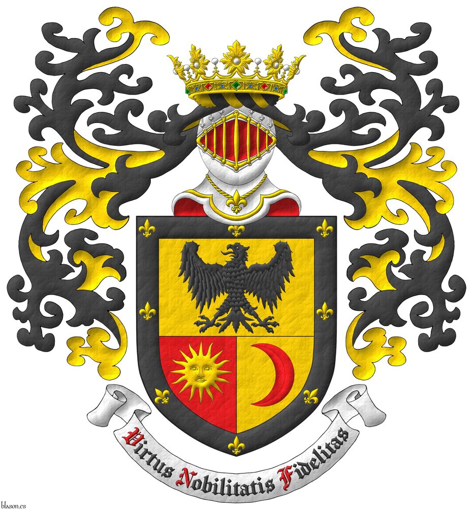 Per fess, the base per pale: 1 Or, an eagle displayed Sable; 2 Gules, a sun in splendour Or; 3 Or, an increscent Gules; all within a bordure Sable, charged with eight fleurs de lis Or. Crest: Upon helm affronty Argent, fimbriated and barred Or, lined Gules, with a wreath Or and Sable, a crown of Duke. Mantling: Sable doubled Or. Motto: Virtus Nobilitatis Fidelitas Sable, with initial letters Gules over a scroll Argent.