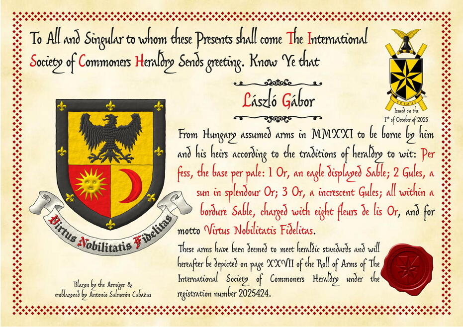Per fess, the base per pale: 1 Or, an eagle displayed Sable; 2 Gules, a sun in splendour Or; 3 Or, an increscent Gules; all within a bordure Sable, charged with eight fleurs de lis Or. Motto: Virtus Nobilitatis Fidelitas Sable, with initial letters Gules over a scroll Argent.