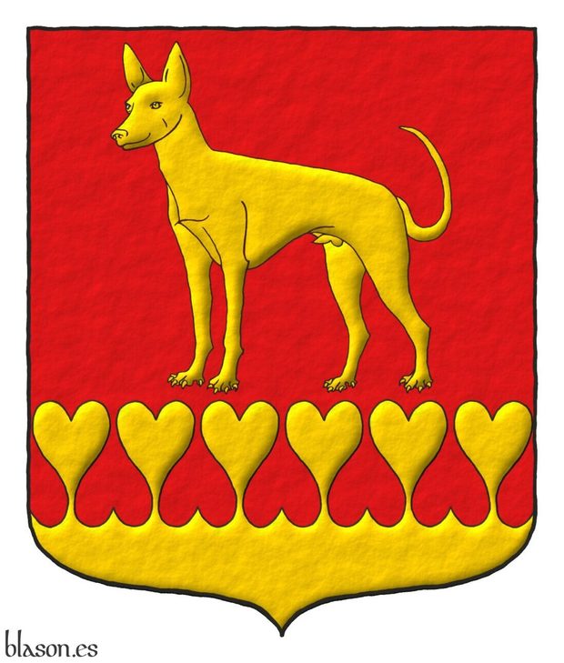 Escudo de gules: un podenco de oro, parado; la campaña encajada de corazones de oro.