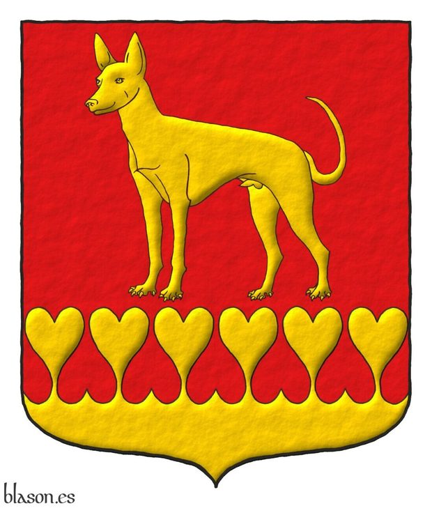 Escudo de gules: un podenco de oro, parado; la campaa encajada de corazones de oro.