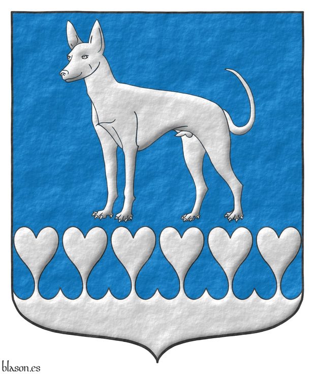 Escudo de azur: un podenco de plata, parado; la campaa encajada de corazones de plata.