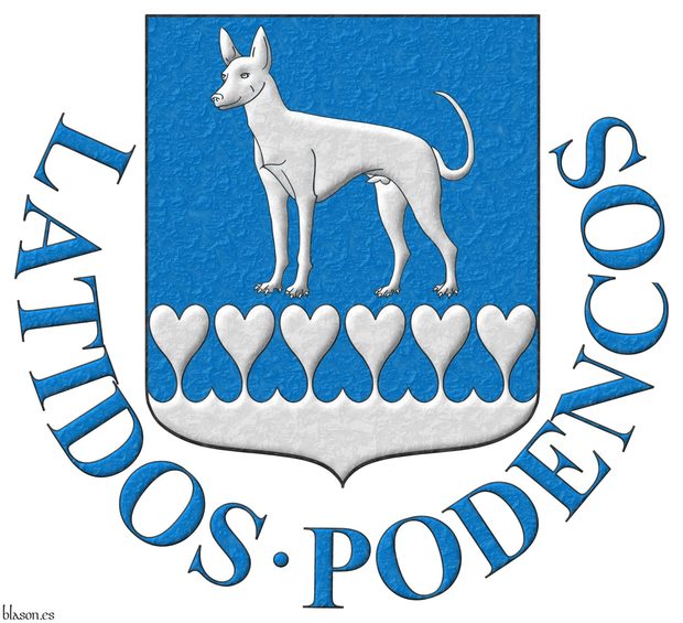 Escudo de azur: un podenco de plata, parado; la campaa encajada de corazones de plata. Divisa: Latidos Podencos de azur.