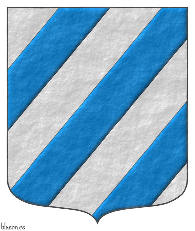 Argent, three bendlets sinister Azure.