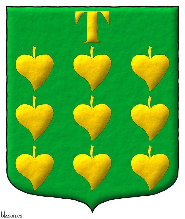 Escudo de sinople, nueve panelas de oro ordenadas, en jefe una letra «T» de oro.