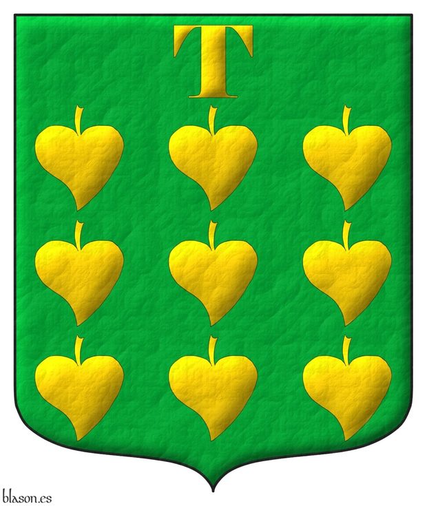 Vert, nine Poplar leaves ordered, in chief a «T» letter Or.