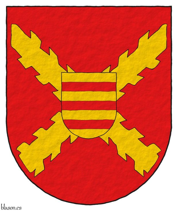 Escudo de gules, una cruz de Borgoa de oro; un escusn de oro, tres fajas de gules.