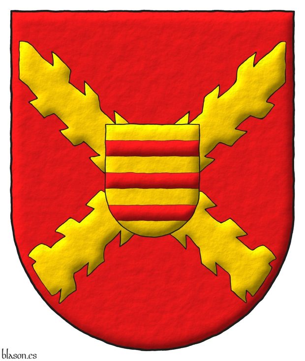 Escudo de gules, una cruz de Borgoa de oro; un escusn de oro, tres fajas de gules.