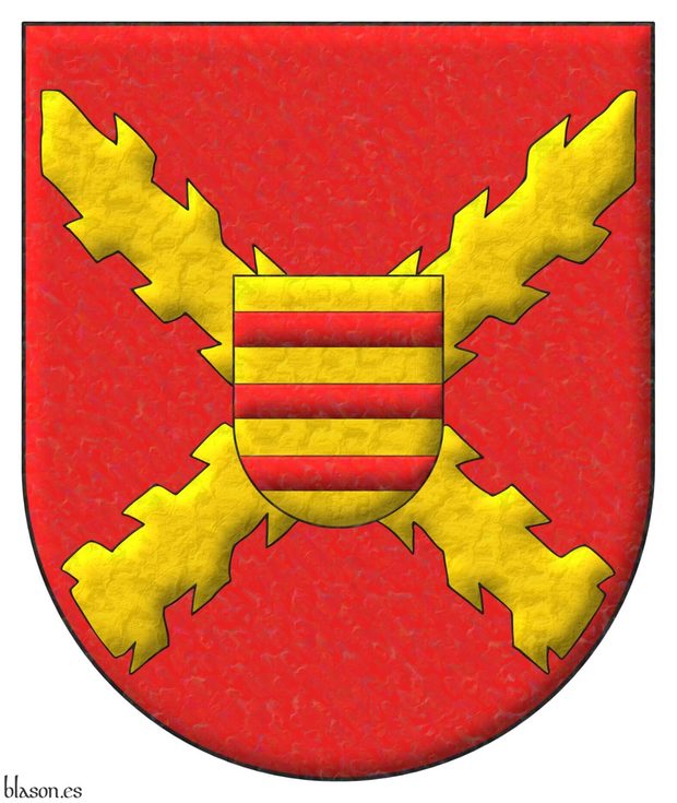 Gules, a cross of Burgundy Or; an inescutcheon Or, three bars Gules.