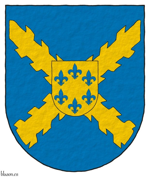 Azure, a cross of Burgundy Or; an inescutcheon Or, six fleurs de lis in orle Azure.
