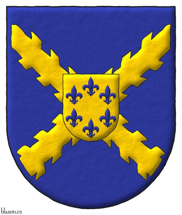 Azure, a cross of Burgundy Or; an inescutcheon Or, six fleurs de lis in orle Azure.
