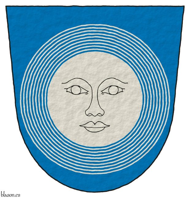Azure, a moon with human face environed by nine concentric annulets Argent.