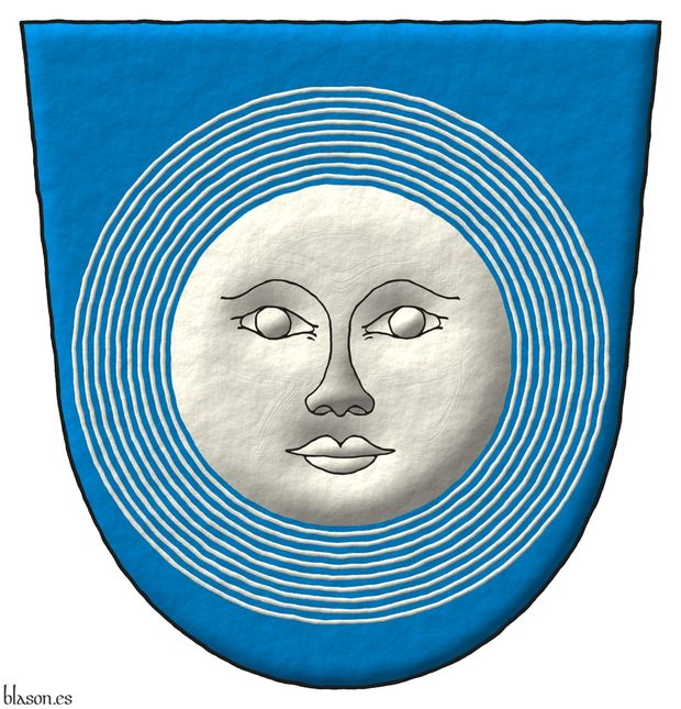 Azure, a moon with human face environed by nine concentric annulets Argent.