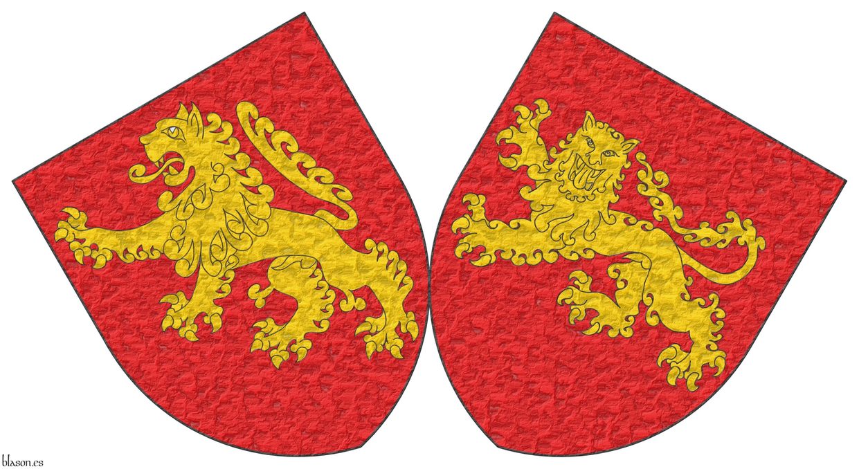 [ Escudo de gules, un len rampante de oro, ] acolado de un [ escudo de gules, un leopardo de oro].