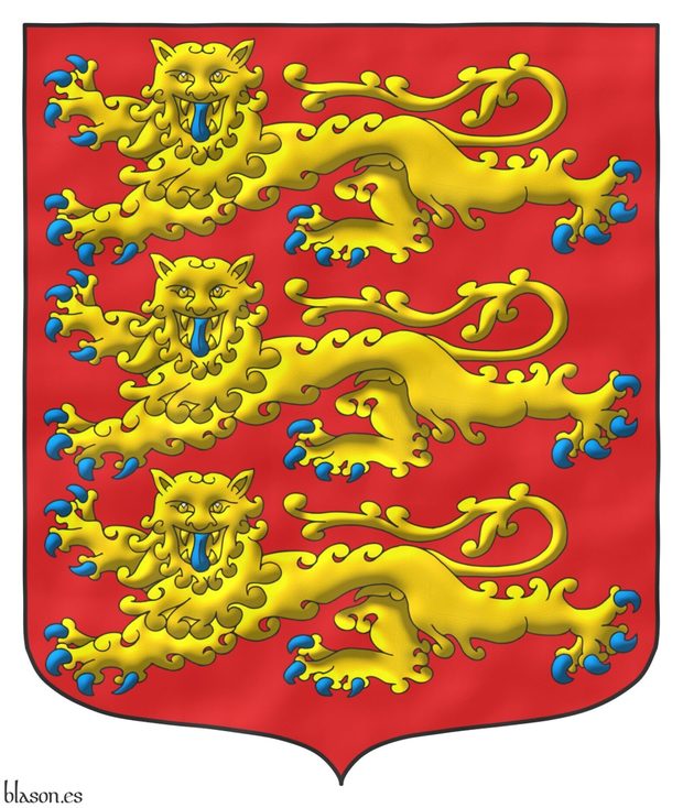 Escudo de gules, tres leopardos en palo de oro, armados y lampasados de azur.