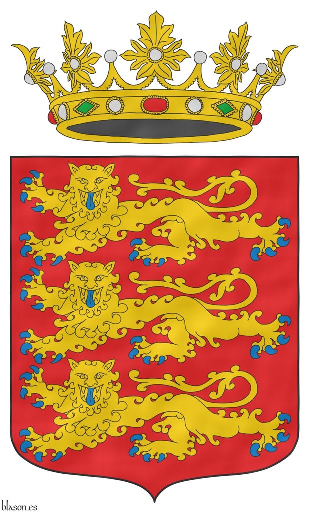 Escudo de gules, tres leopardos en palo de oro, armados y lampasados de azur. Timbrado de una corona real abierta.