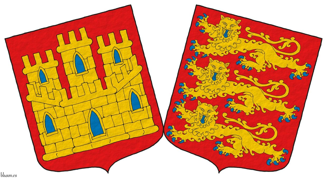 [ Escudo de gules, un castillo de oro, aclarado de azur, mazonado de sable ] acolado de un [ escudo de gules, tres leopardos en palo de oro, armados y lampasados de azur ].