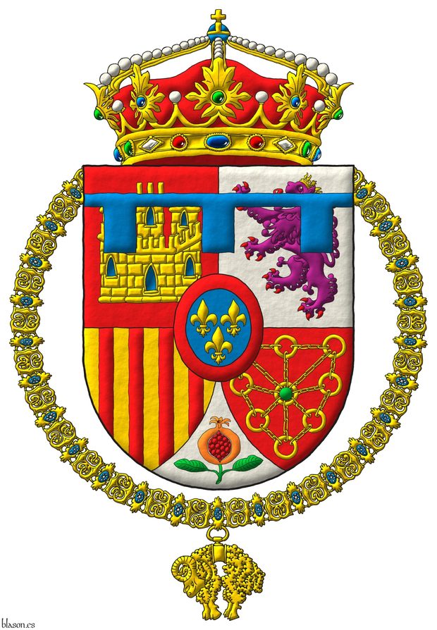 Escudo cuartelado: 1o de gules, un castillo de oro, aclarado de azur, mazonado de sable [de Castilla]; 2o de plata, un león rampante de púrpura, lampasado y armado de gules, coronado de oro [de León]; 3o de oro, con cuatro palos de gules [de Aragón]; 4o de gules, una cadena puesta en orla, en cruz y en sotuer de oro, cargada en el centro de una esmeralda de sinople [de Navarra]; entado en punta de plata, una granada al natural, tajada de gules, tallada y hojada de sinople [de Granada]; un escusón de azur, tres flores de lis de oro, 2 y 1, una bordura de gules [de Borbón]; y brisado de un lambel de tres pendientes de azur. Timbrado con una corona de príncipe. El escudo está rodeado del Toisón de Oro.