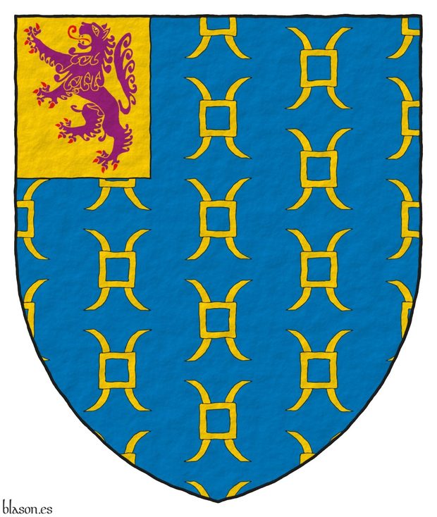 Azure sem of millrinds Or; on a dexter canton Or, a lion rampant Purpure, armed and langued Gules.