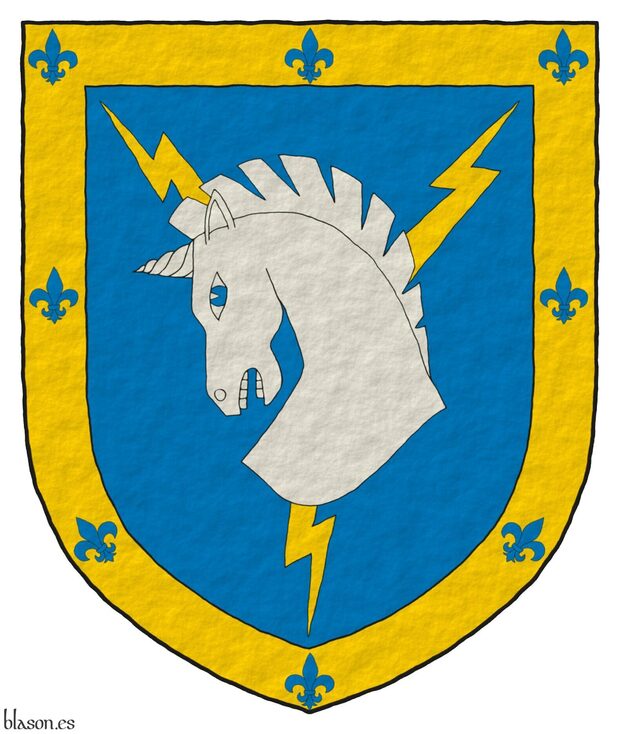 Azure, three lightning flashes in pall Or, debruised by a unicorn's head couped Argent, the eyes Azure; a bordure Or charged with eight fleurs de lis Azure.