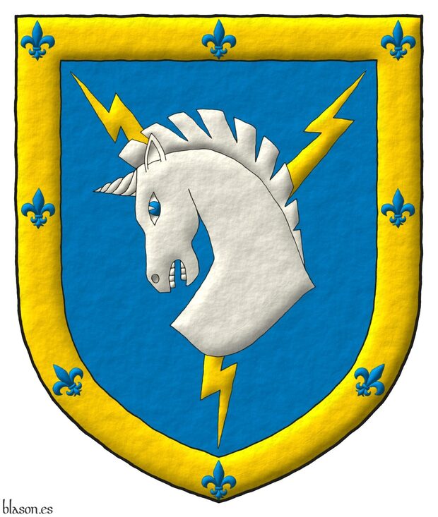 Azure, three lightning flashes in pall Or, debruised by a unicorn's head couped Argent, the eyes Azure; a bordure Or charged with eight fleurs de lis Azure.