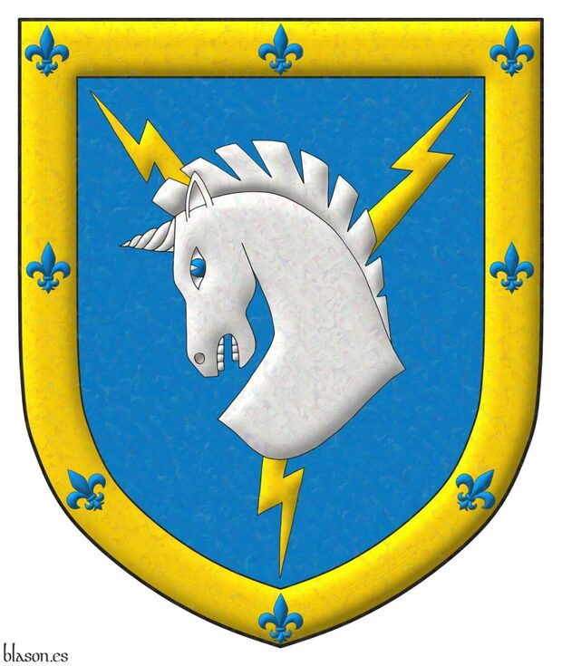 Escudo de azur, tres rayos en perla de oro, resaltados de una cabeza de unicornio cortada de plata; una filiera de sable, cargada de ocho flores de lis de oro.