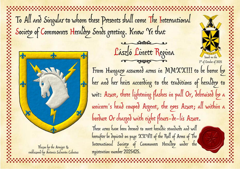 Azure, three lightning flashes in pall Or, debruised by a unicorn's head couped Argent, the eyes Azure; a bordure Or charged with eight fleurs de lis Azure.