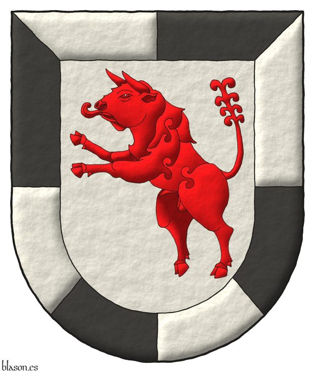 Escudo de plata, un toro saltande de gules; bordura componada de plata y sable.