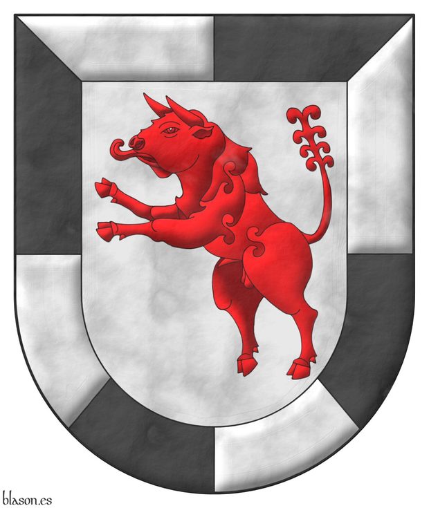 Argent, a bull salient Gules within a bordure compony Argent and Sable.