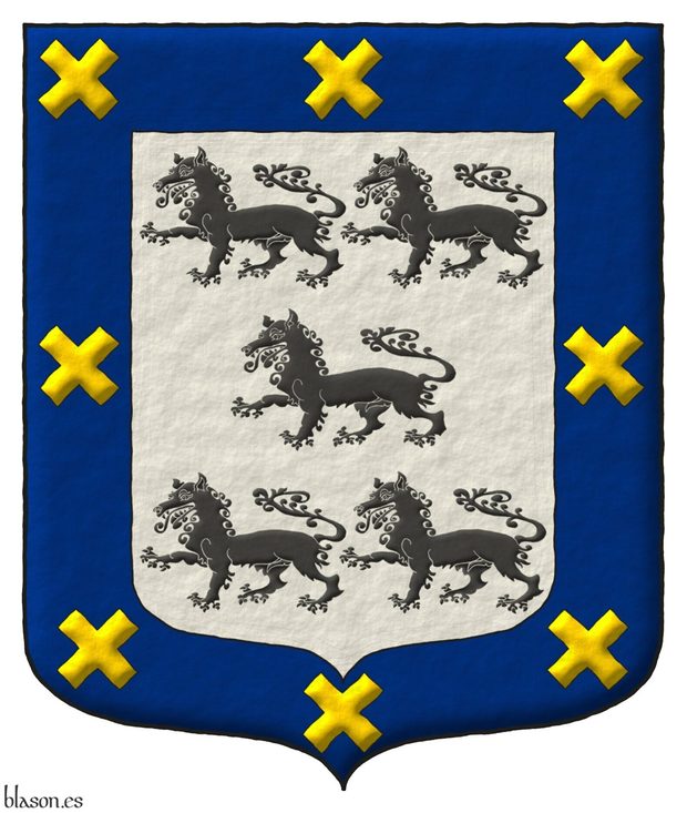 Escudo de plata, cinco lobos pasantes de sable; una bordura de azur, cargada de ocho aspas de oro.