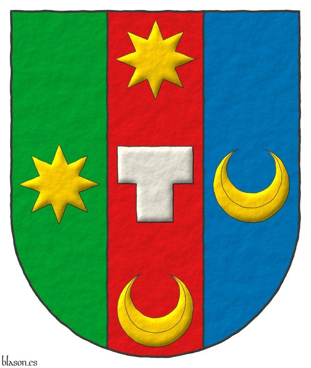 Escudo terciado en palo: 1o de sinople, una estrella de ocho puntas de oro; 2o de gules, una potenza de plata, en jefe una estrella de ocho puntas, en punta un creciente ambos de oro; 3o de azur, un creciente de oro.