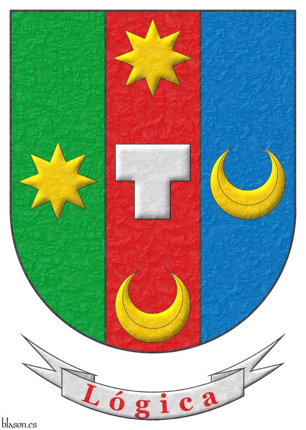 Escudo terciado en palo: 1o de sinople, una estrella de ocho puntas de oro; 2o de gules, una potenza de plata, en jefe una estrella de ocho puntas, en punta un creciente ambos de oro; 3o de azur, un creciente de oro. Divisa: Lgica de gules cargado sobre una filacteria de plata.