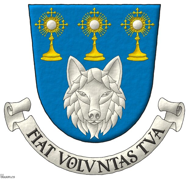 Escudo de azur, una cabeza de frente de lobo de plata, acompaada en jefe de tres custodias en faja al natural. Lema: Fiat Voluntas Tua.