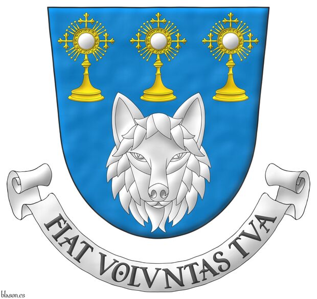 Azure, a wolf's head caboshed Argent, in chief three monstrances in fess proper. Motto: Fiat Voluntas Tua.