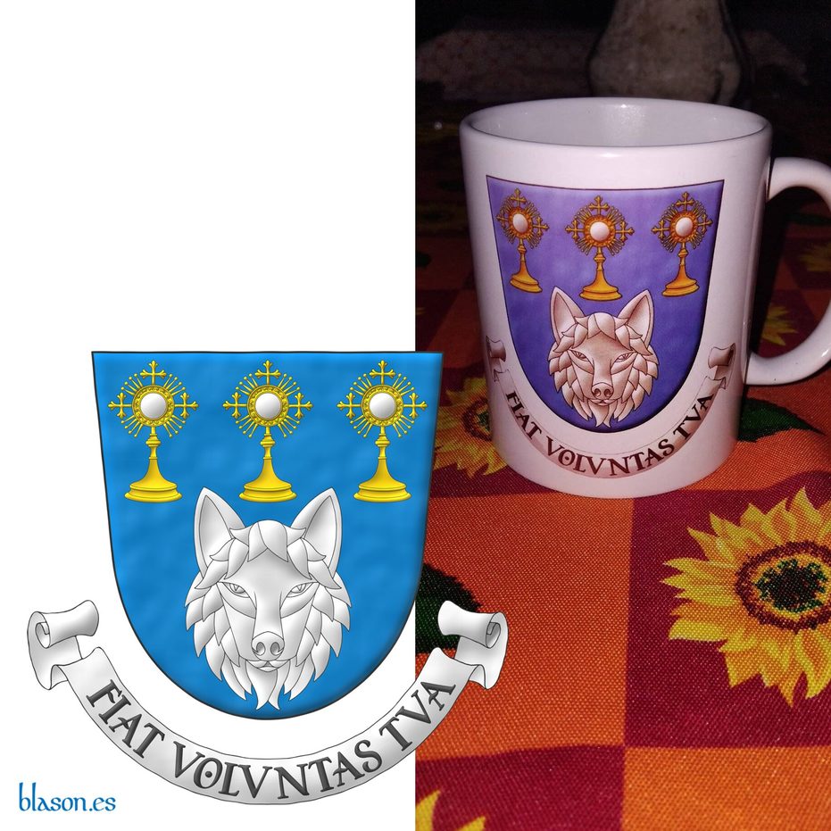 Azure, a wolf's head caboshed Argent, in chief three monstrances in fess proper. Motto: Fiat Voluntas Tua.