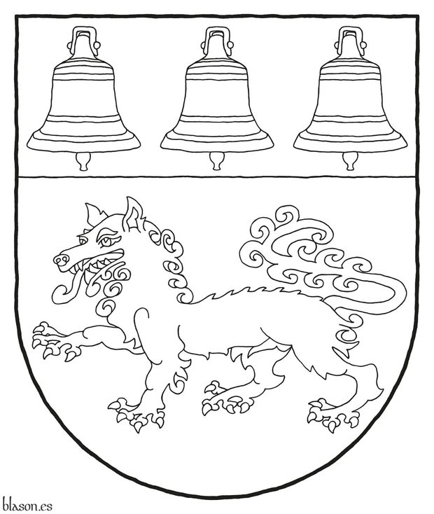 Escudo de oro, un lobo pasante de gules; en un jefe de gules, tres campanas de oro.