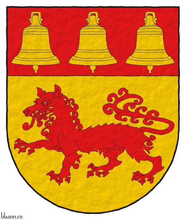 Escudo de oro, un lobo pasante de gules; en un jefe de gules, tres campanas de oro.
