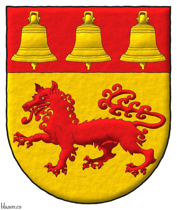 Escudo de oro, un lobo pasante de gules; en un jefe de gules, tres campanas de oro.