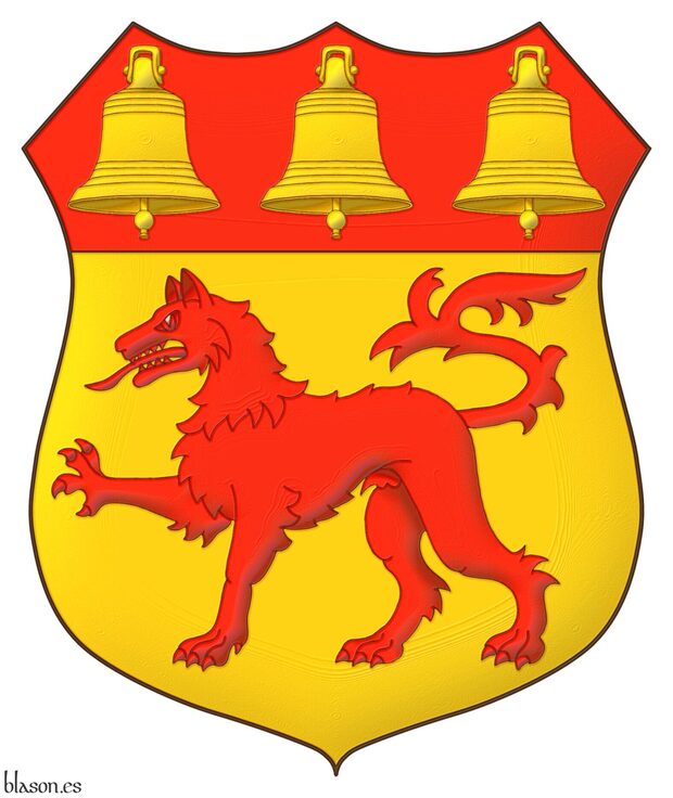 Or, a wolf passant Gules; on a chief Gules, three bells Or.