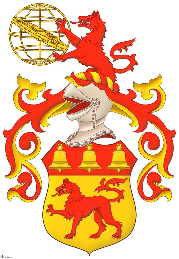 Or, a wolf passant Gules; on a chief Gules, three bells Or. Crest: Upon a helm with a wreath Or and Gules, a demi-wolf Gules supporting with both paws an armillary sphere Or. Mantling: Gules doubled Or.