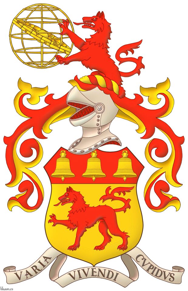 Escudo de oro, un lobo pasante de gules; en un jefe de gules, tres campanas de oro. Timbrado de un yelmo, adornado de dos lambrequines de gules doblados de oro, un burelete de oro y gules, cimado de lobo saliente de gules, teniendo entre sus patas una esfera armilar de oro. Lema: �Varia vivendi cupidus�.