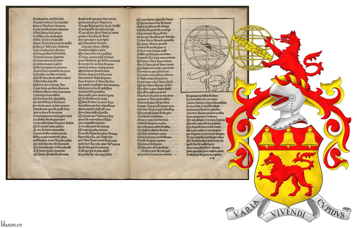 Or, a wolf passant Gules; on a chief Gules, three bells Or. Crest: Upon a helm with a wreath Or and Gules, a demi-wolf Gules supporting with both paws an armillary sphere Or. Mantling: Gules doubled Or. Motto: �Varia vivendi cupidus�.