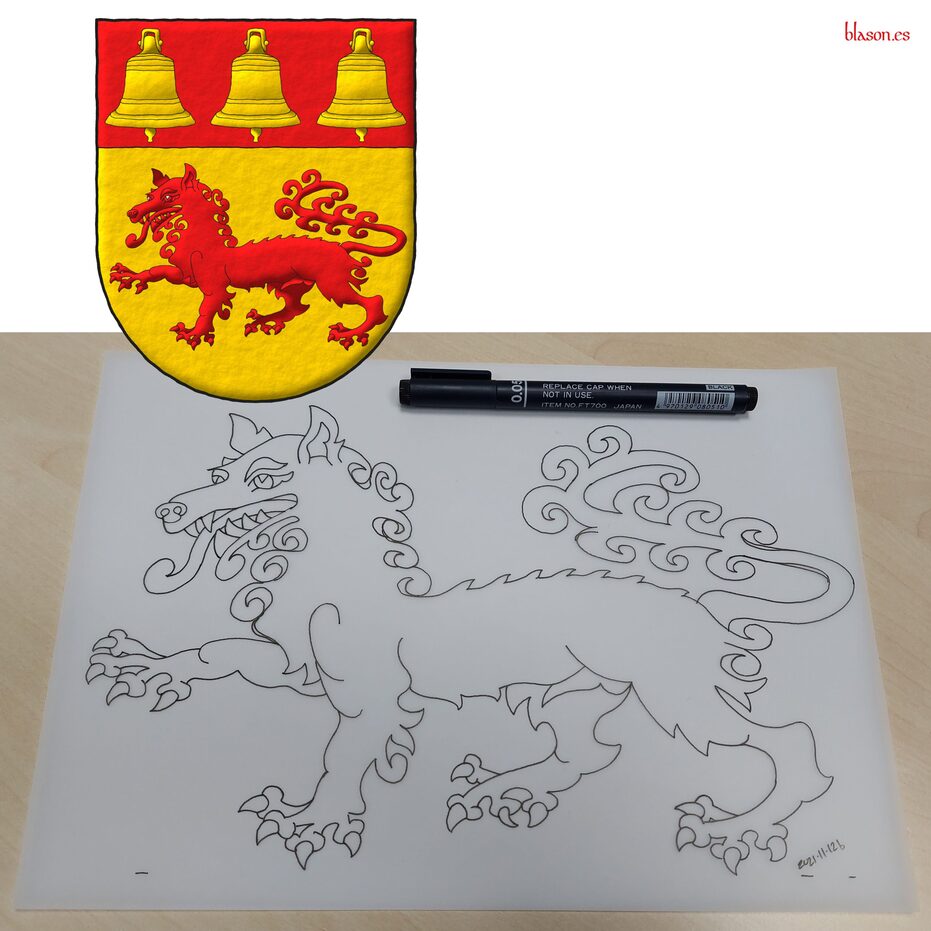 Escudo de oro, un lobo pasante de gules; en un jefe de gules, tres campanas de oro.