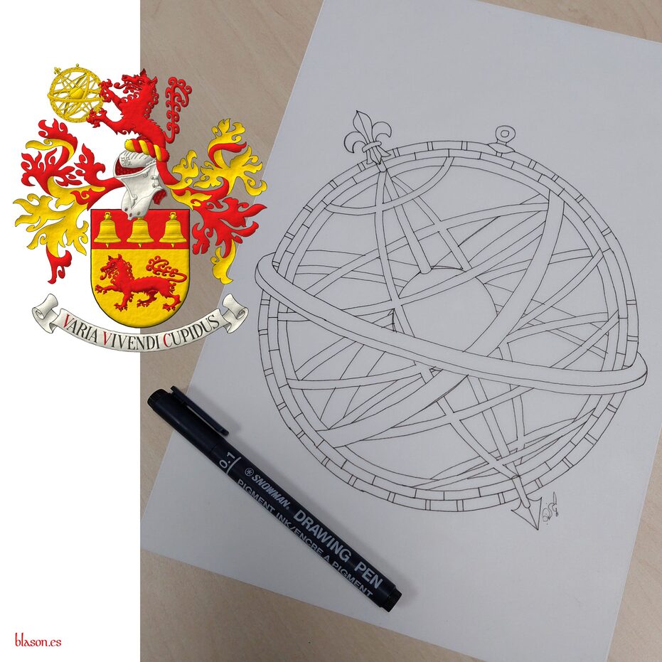 Or, a wolf passant Gules; on a chief Gules, three bells Or. Crest: Upon a helm with a wreath Or and Gules, a demi-wolf Gules supporting with both paws an armillary sphere Or. Mantling: Gules doubled Or. Motto: Varia vivendi cupidus.
