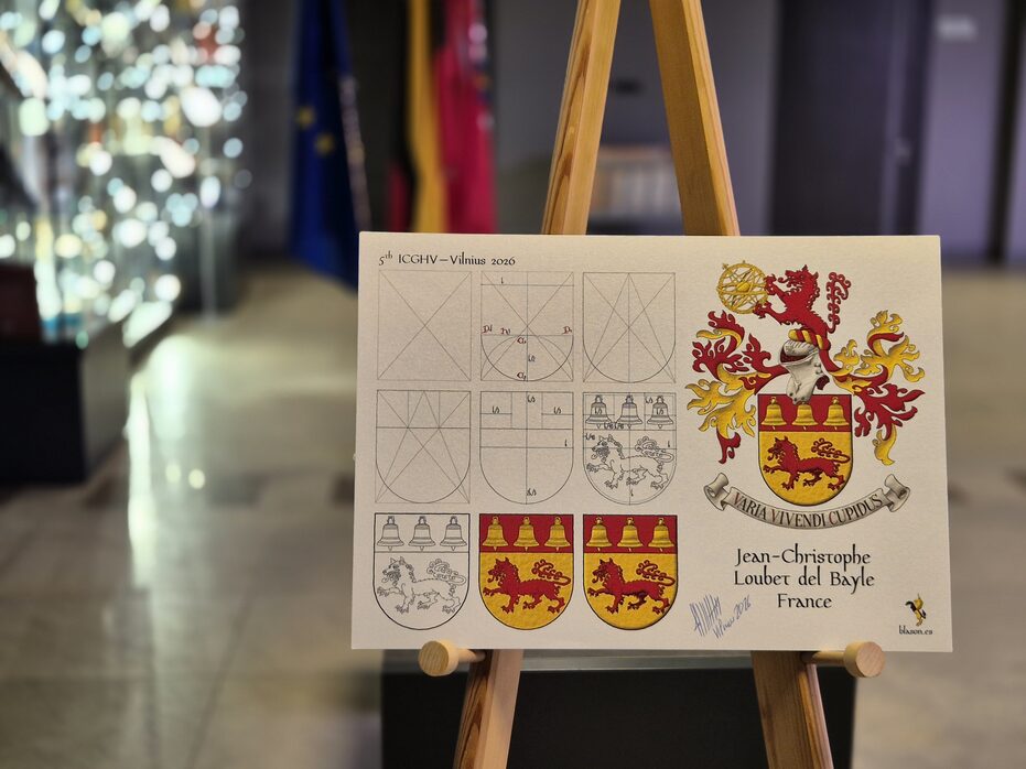 Or, a wolf passant Gules; on a chief Gules, three bells Or. Crest: Upon a helm with a wreath Or and Gules, a demi-wolf Gules supporting with both paws an armillary sphere Or. Mantling: Gules doubled Or. Motto: �Varia vivendi cupidus�.
