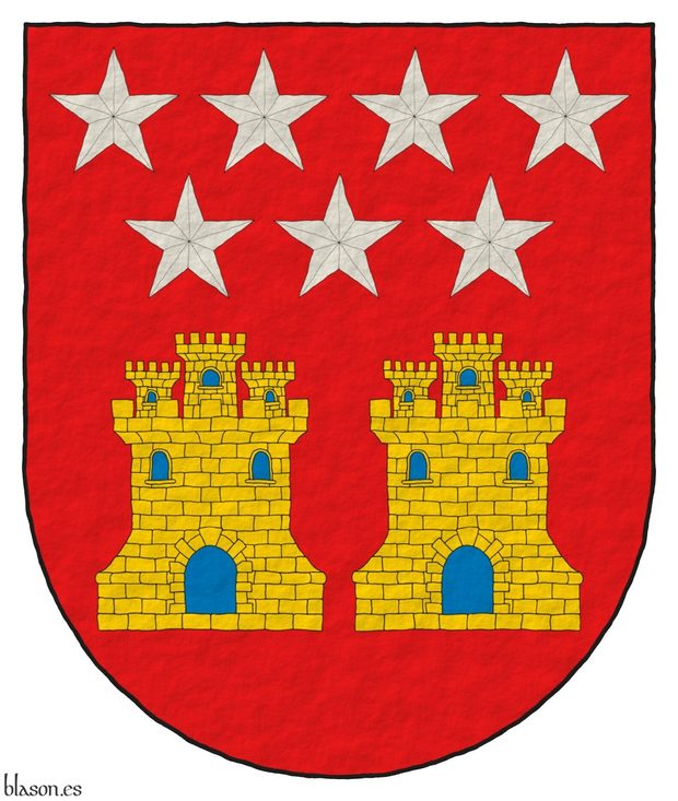 Escudo de gules, dos castillos de oro, aclarados de azur, mazonados de sable surmontados de siete estrellas de plata de cinco puntas, 4 y 3.