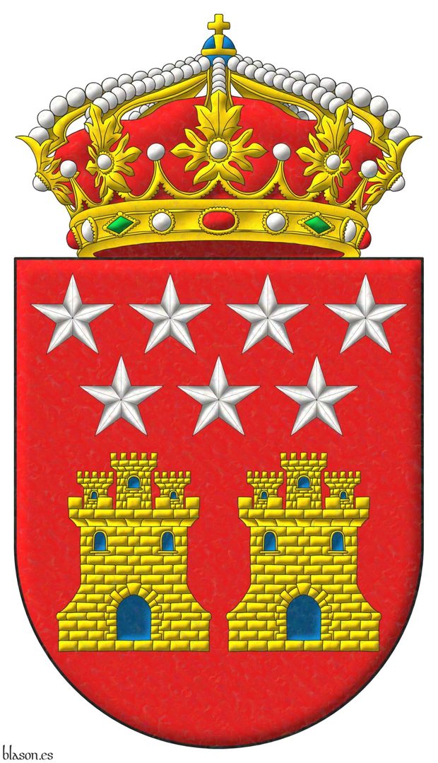 Gules, two castles triple-towered Or, port and windows Azure, masoned Sable, in chief, seven mullets Argent, 4 and 3. Crest: A closed royal crown.