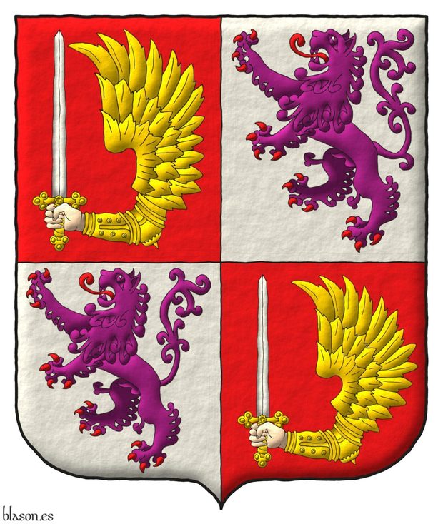 Escudo cuartelado: 1o y 4o de gules, una mano de carnacin, doblada, armada, alada de oro, teniendo una espada alzada de plata, guarnecida de oro; 2o y 3o de plata, un len rampante de prpura, armado y lampasado de gules.